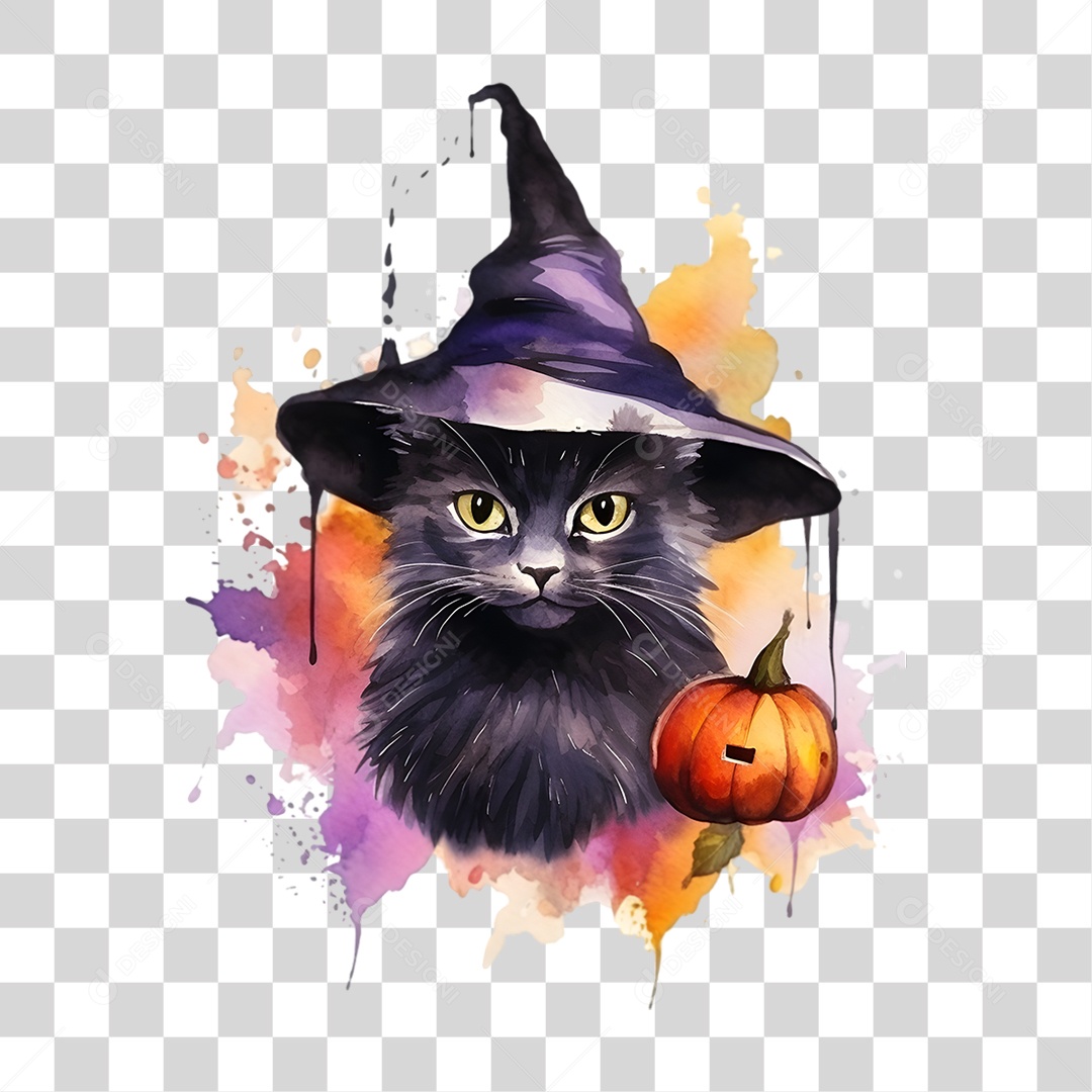 Elemento 3D Halloween Gato Bruxa PNG Transparente