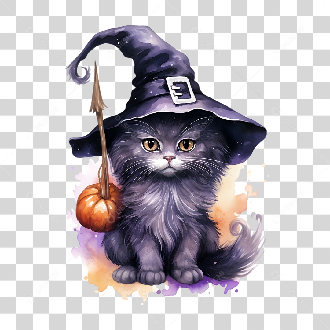 Elemento 3D Halloween Gato Bruxa PNG Transparente