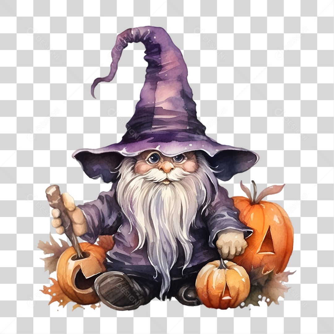 Elemento 3D Halloween Gnomo Bruxa PNG Transparente