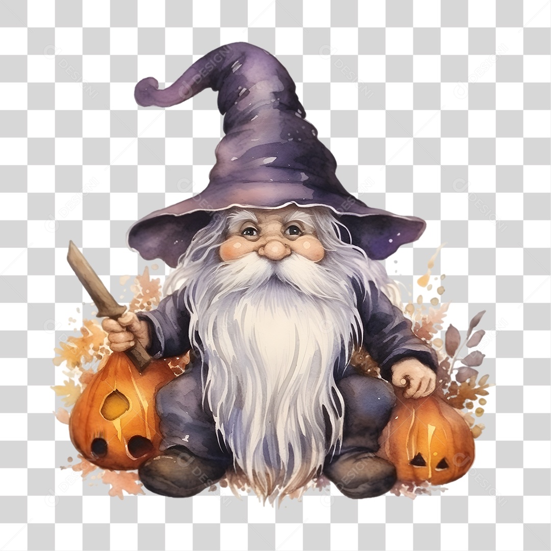 Elemento 3D Halloween Gnomo Bruxa PNG Transparente