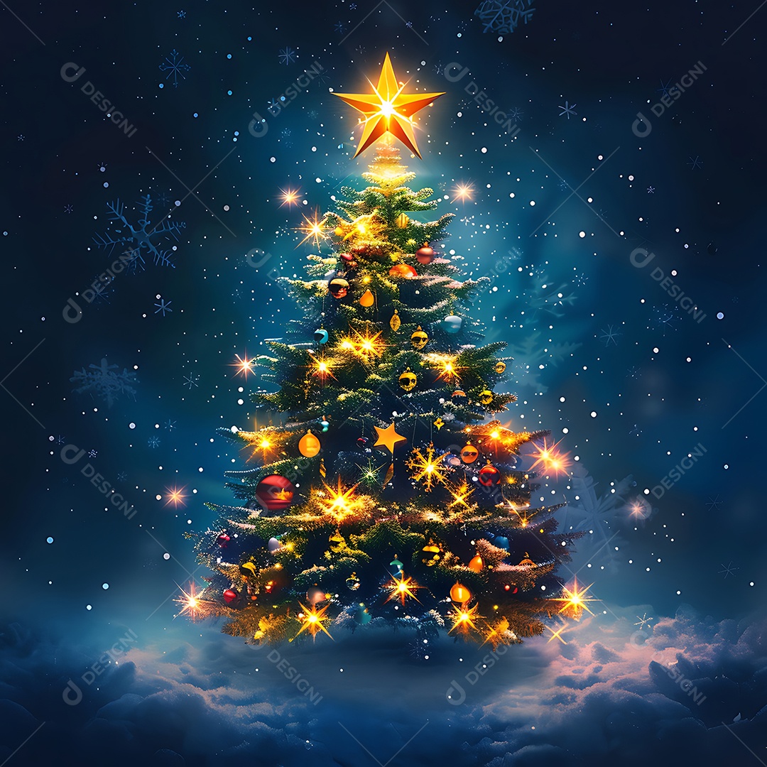 Árvore de natal com luzes e estrelas no céu ilustração 3D