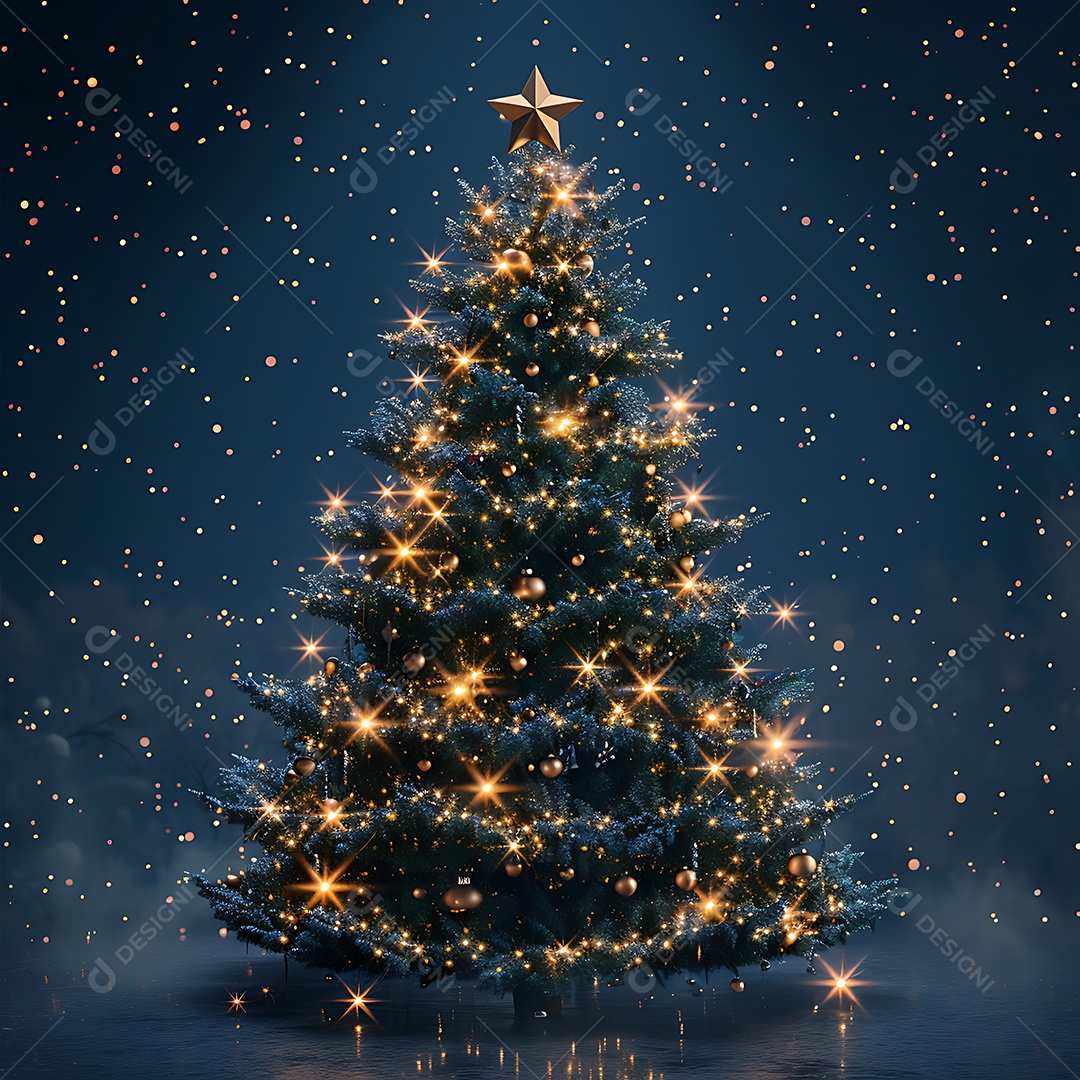 Árvore de natal com luzes e estrelas no céu ilustração 3D