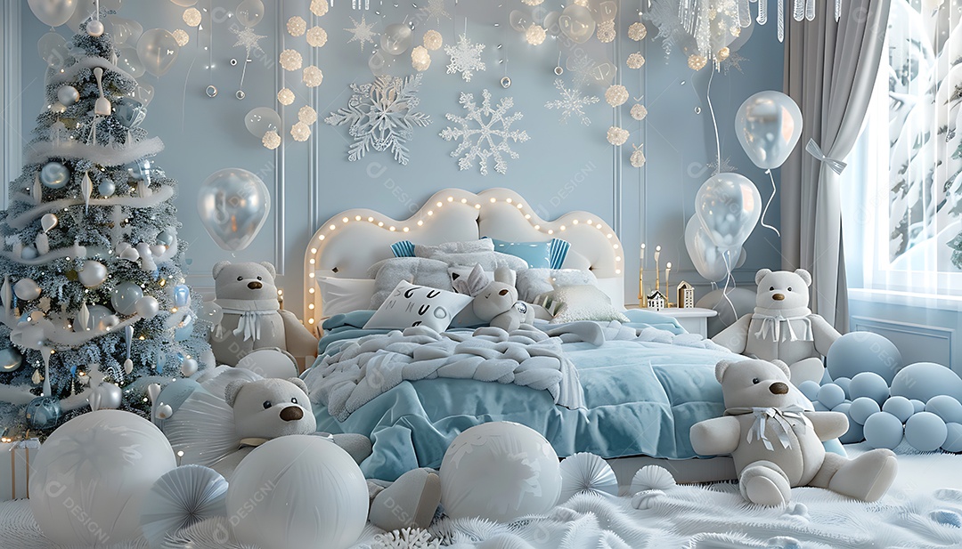 Renderização 3D de uma árvore de natal com brinquedos no quarto