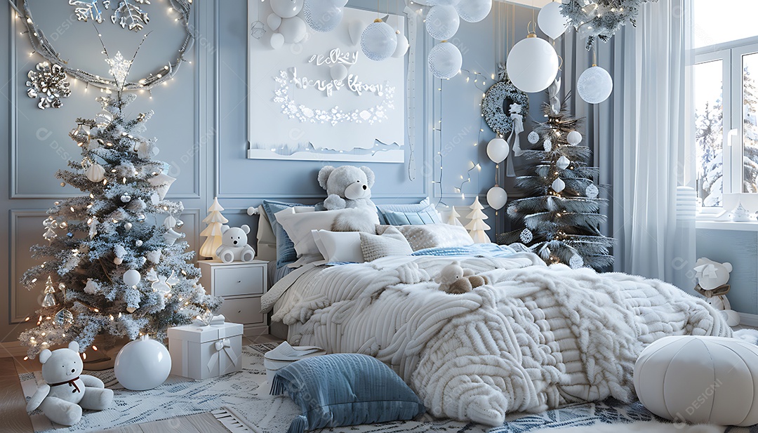 Renderização 3D de uma árvore de Natal com brinquedos no quarto