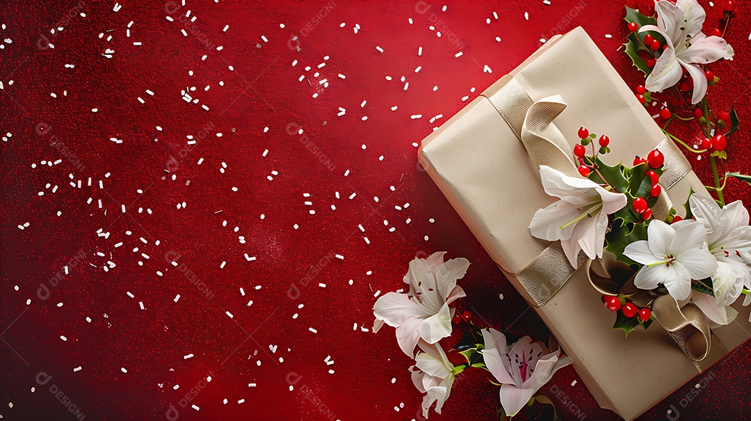 Caixa de presente com flores brancas em fundo de cetim vermelho com bokeh