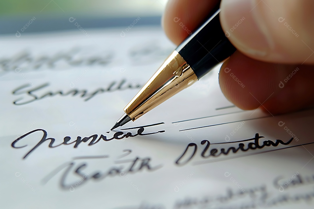Uma mão assinando um contrato com uma caneta tinteiro