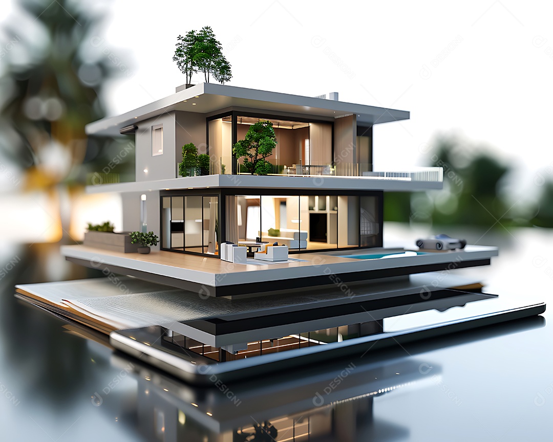 Renderização 3D de uma casa moderna no smartphone no jardim