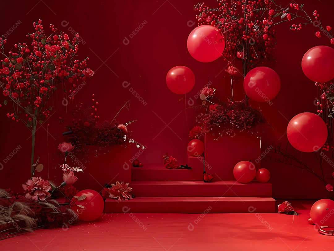 Cortina de veludo vermelho com balões e flores vermelhas