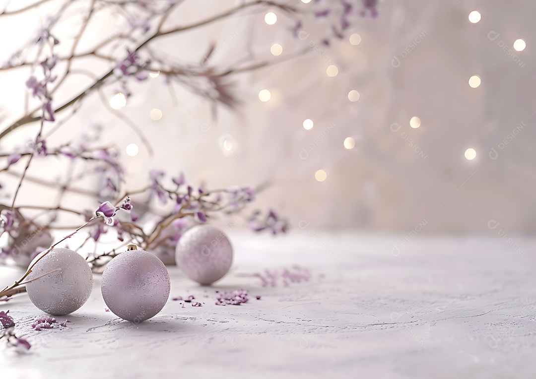 Enfeites de Natal em um prato branco com fundo bokeh