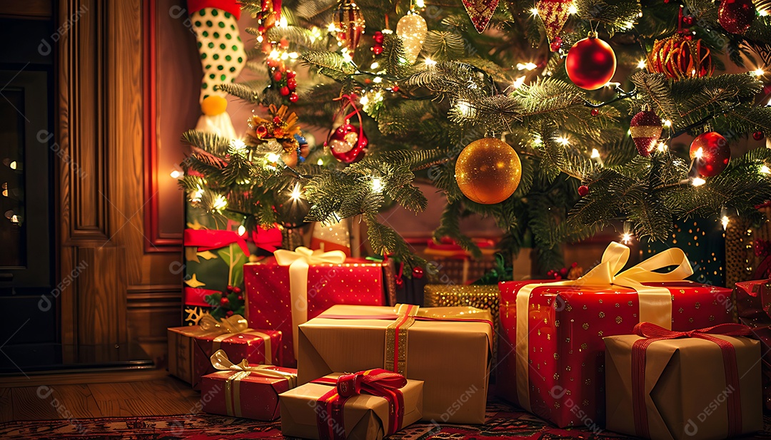 Presentes em baixo da árvore de Natal no fundo de uma lareira
