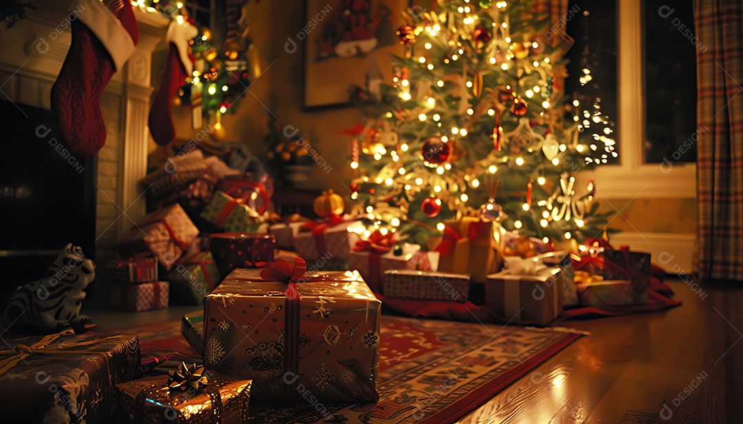 Presentes de Natal sob a árvore de Natal no fundo de uma lareira