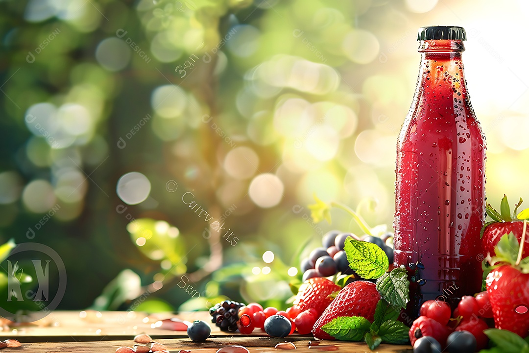 Garrafa de suco de frutas vermelhas com frutas frescas em mesa de madeira no jardim