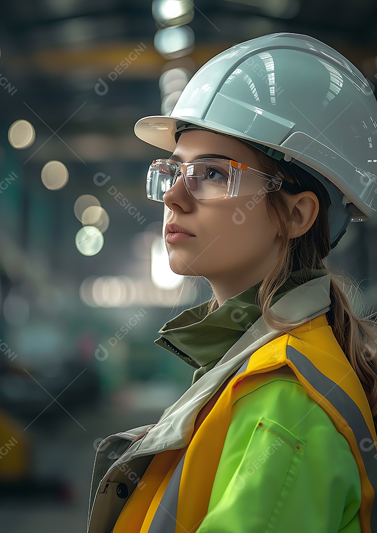 Uma jovem engenheira com capacete verificando a qualidade das máquinas