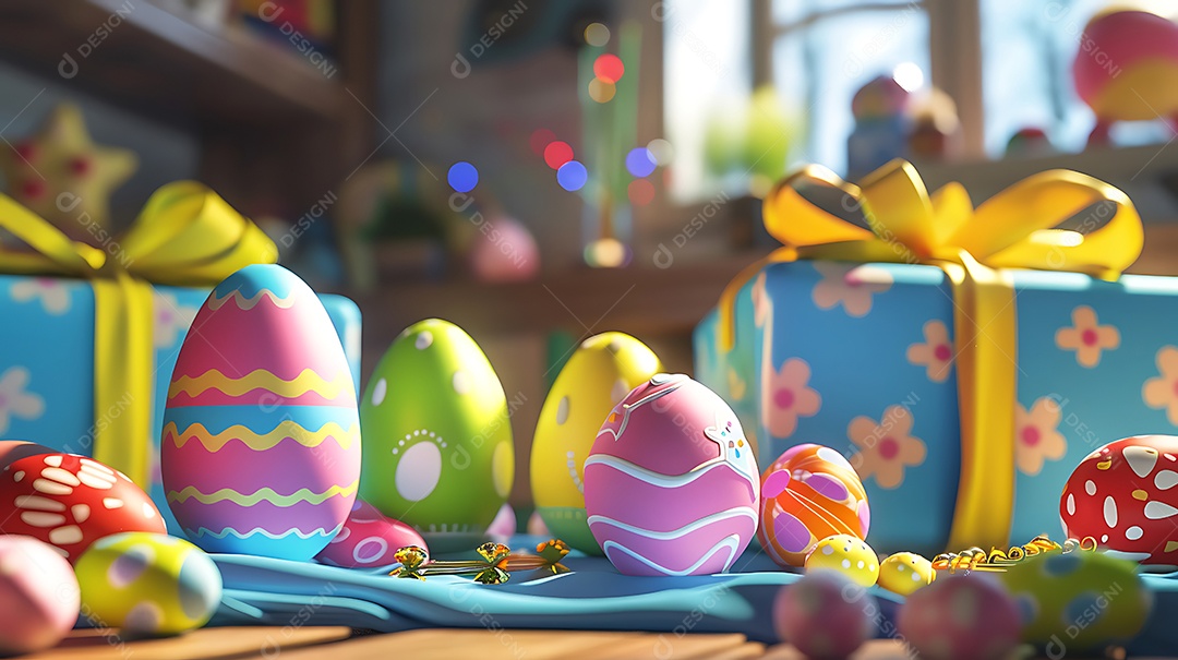 Ovos de Páscoa e caixas de presentes na mesa