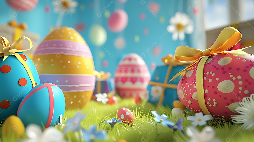 Ovos de Páscoa e caixas de presentes na mesa