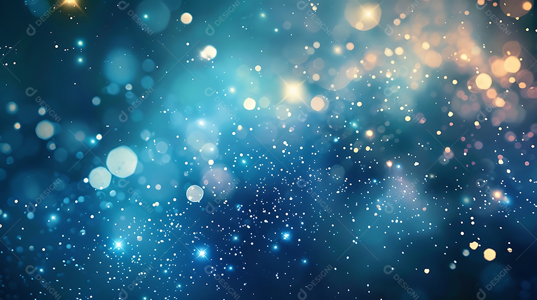 Fundo bokeh abstrato com partículas brilhantes azuis e douradas