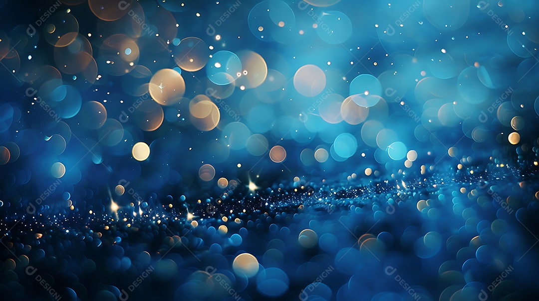 Fundo bokeh abstrato com partículas brilhantes azuis e douradas