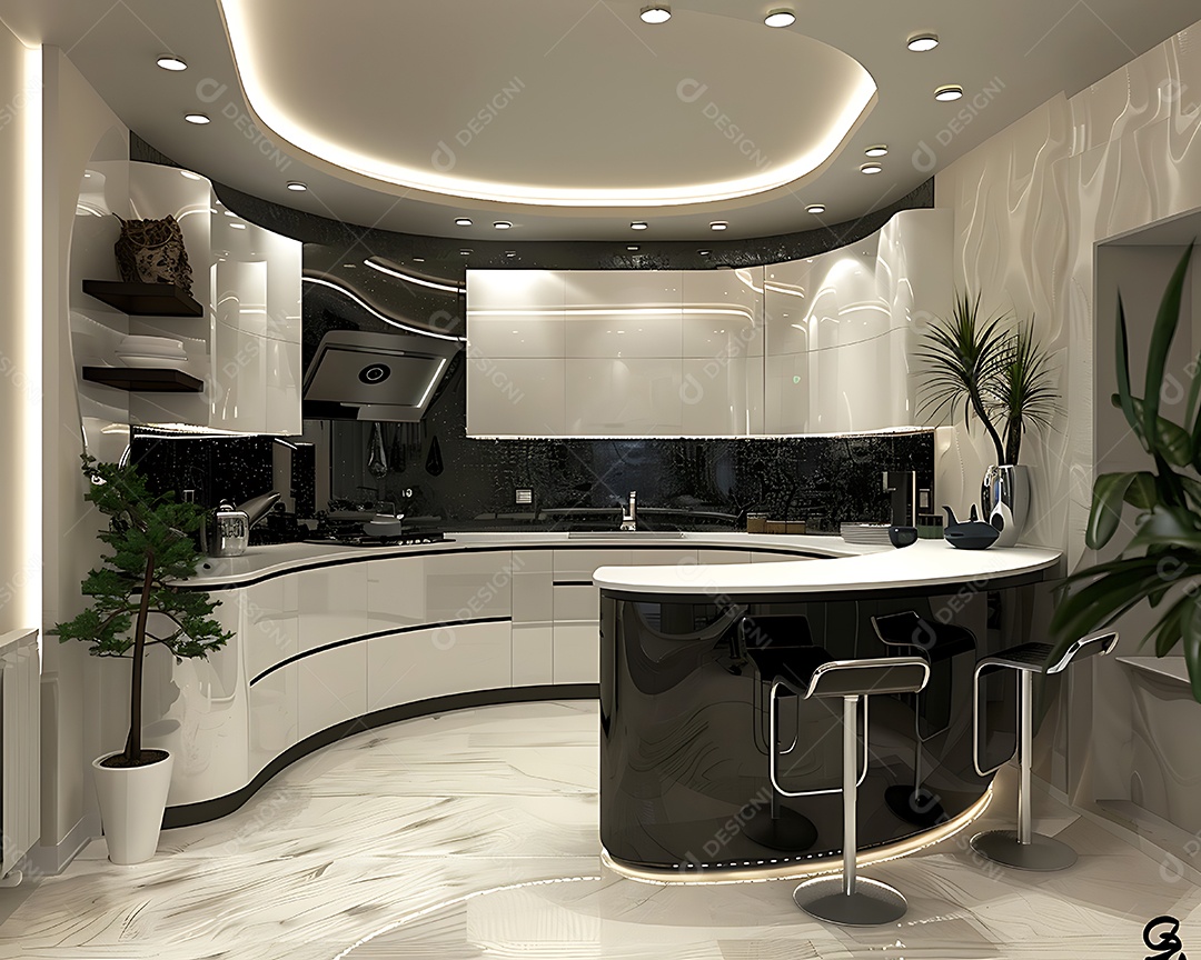 Cozinha moderna em uma casa com móveis em preto e branco