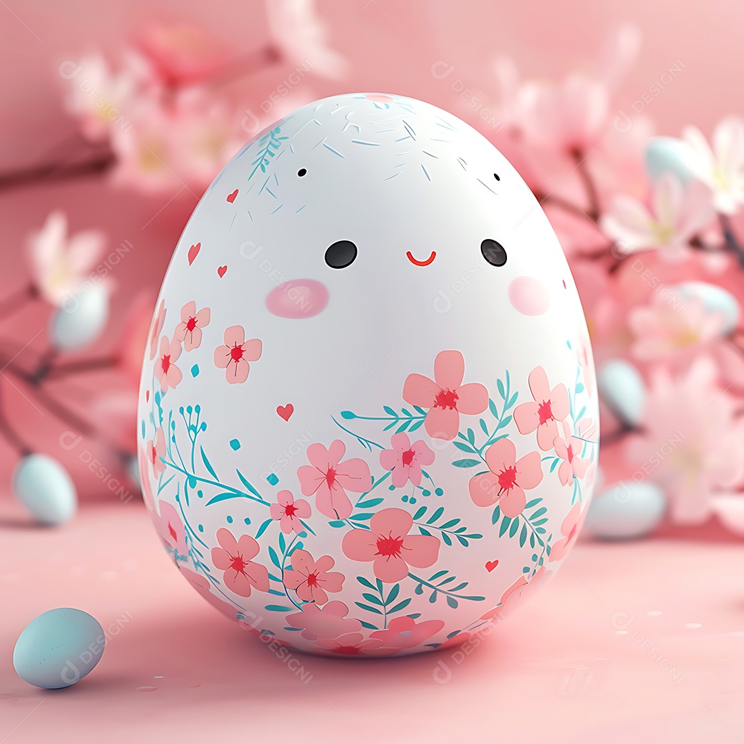 Ovo de Páscoa com rosto bonito e flores em mesa de madeira