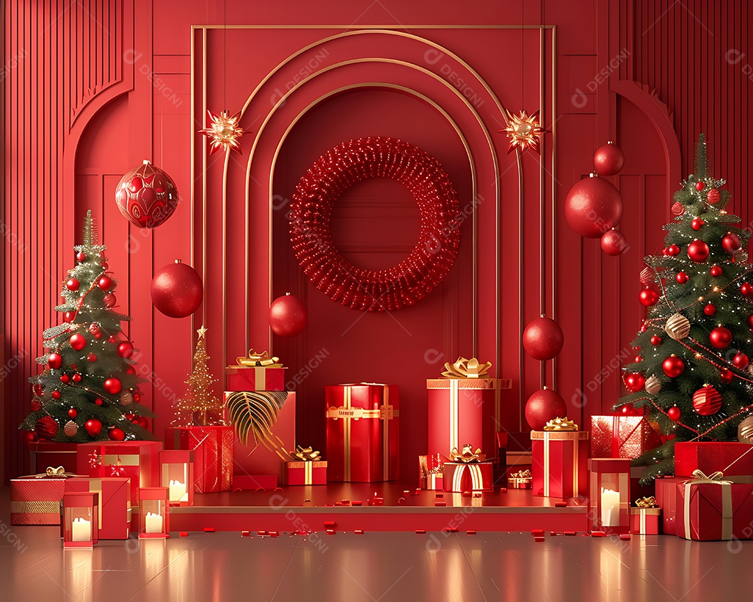 Entrada de porta vermelha chinesa com neve e árvore de Natal