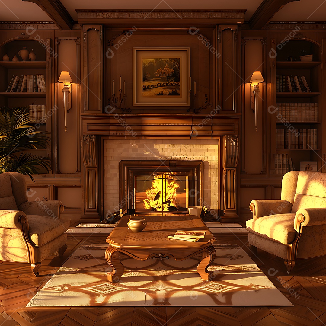 Renderização 3D de uma aconchegante sala de estar de Natal com lareira