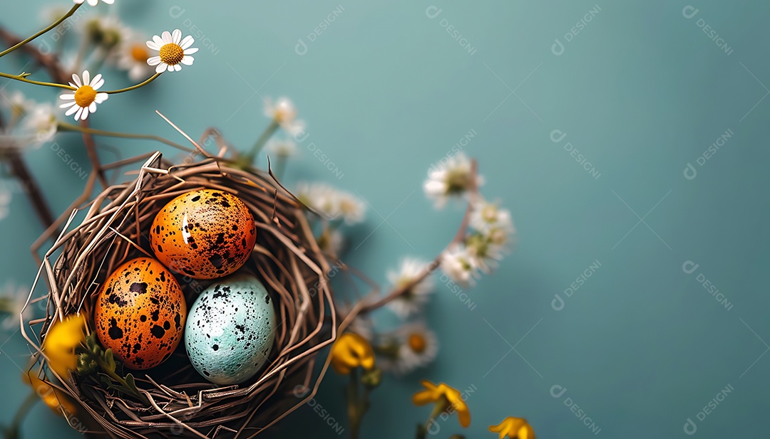 Fundo de Páscoa com ovos flores e folhas