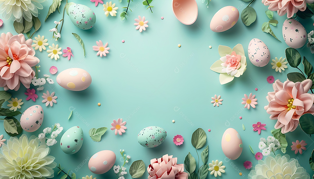 Fundo de Páscoa com ovos flores e folhas