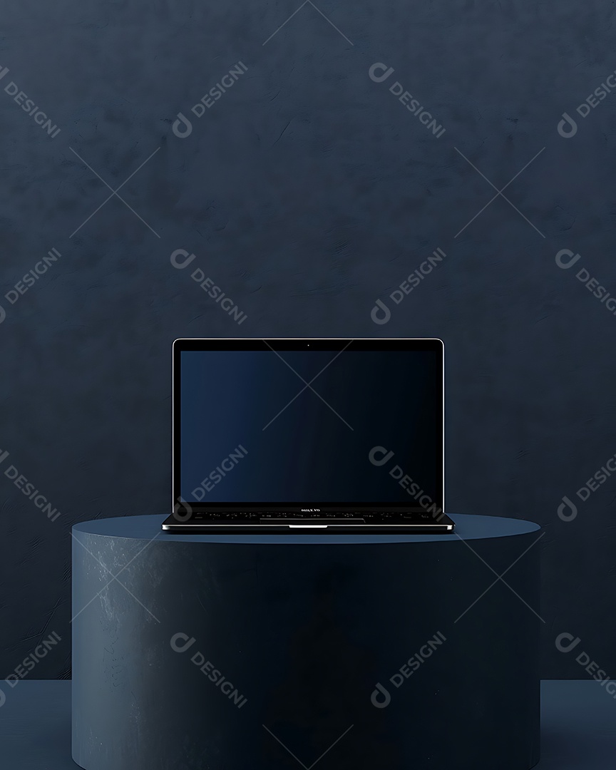 Laptop com tela em branco em uma parede azul