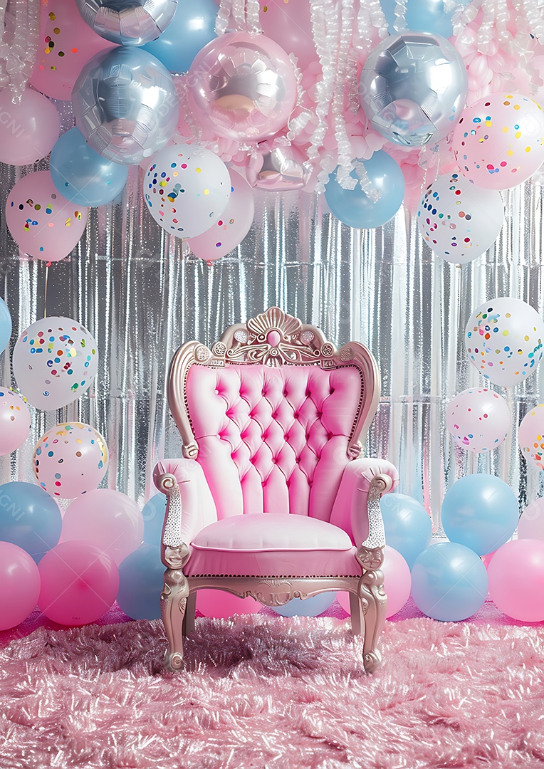 Poltrona vintage rosa com balões rosa e confete sobre fundo azul