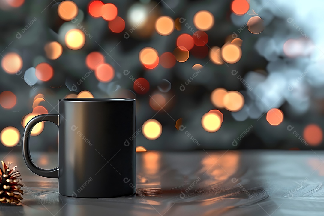 Copo preto de bebida quente sobre mesa de madeira em sala decorada para o Natal