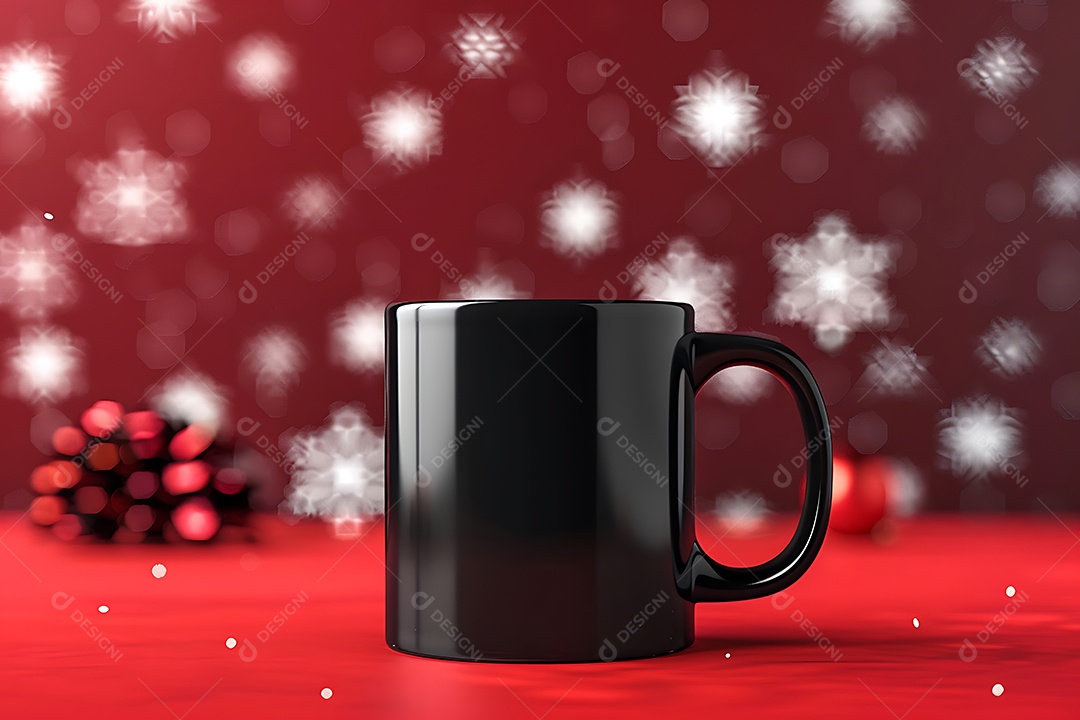 Copo preto de bebida quente sobre mesa de madeira em sala decorada para o Natal