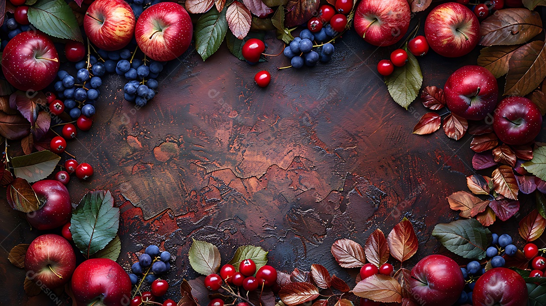 Fundo de outono com maçãs frutas vermelhas e folhas