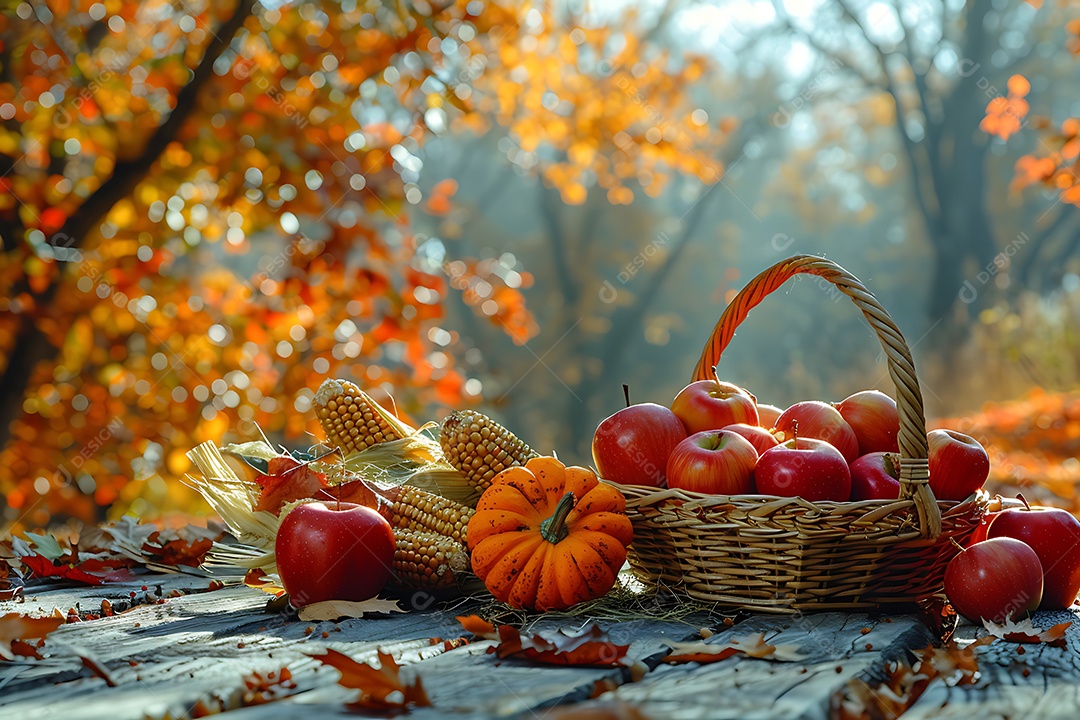Fundo de outono com maçãs frutas vermelhas e folhas