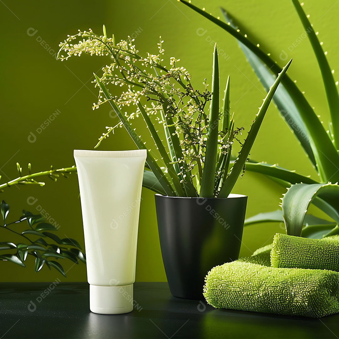 Planta de aloe vera creme e toalha sobre fundo verde