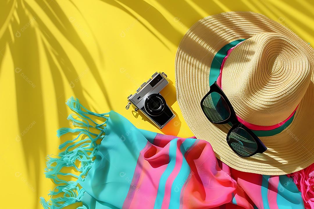 Acessórios de praia sarongue azul sobre fundo amarelo