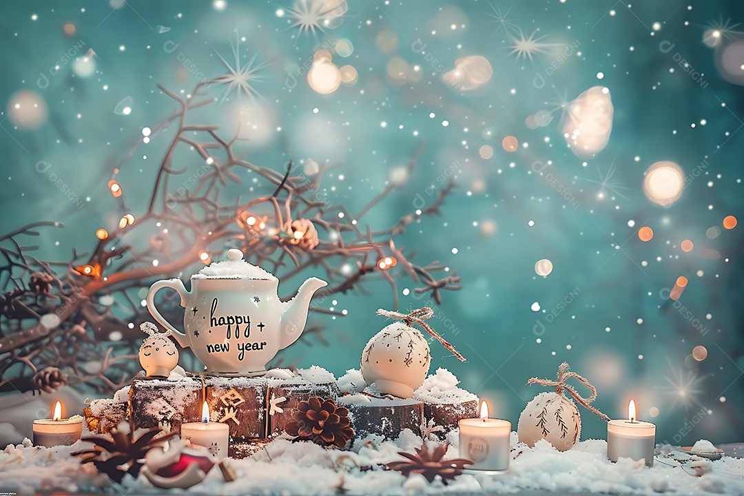 Fundo de Natal com árvore velas e bule de chá na neve