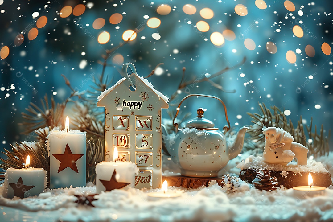 Árvore de natal velas e bule de chá na neve