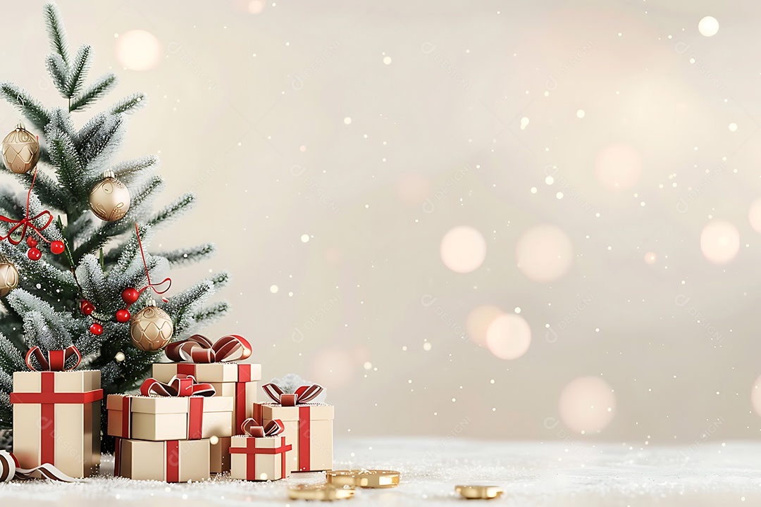 Árvore de Natal com caixas de presentes em sala branca