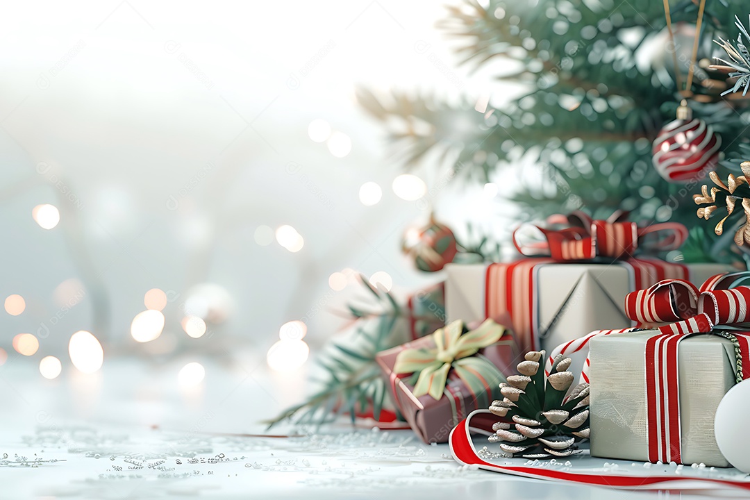 Árvore de Natal com caixas de presentes em sala branca