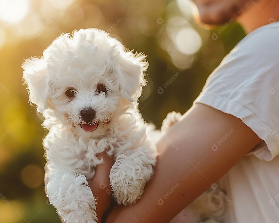 Filhote de bichon frise nas mãos de um jovem