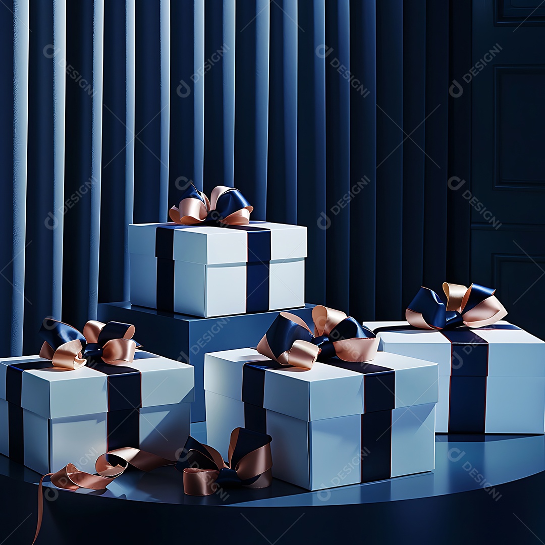 Caixas de presente com fitas douradas em fundo de seda azul