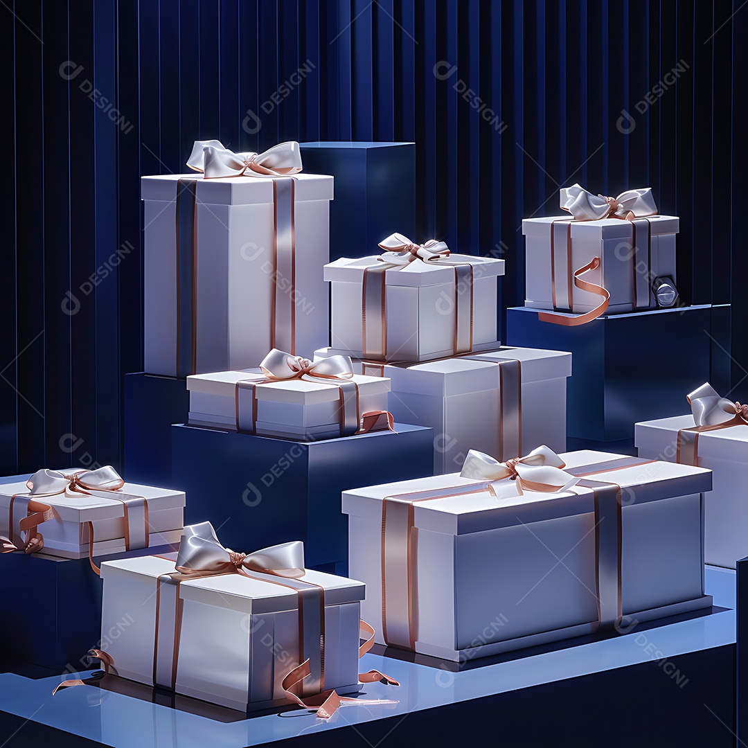 Renderização 3D de caixas de presente com fitas douradas em fundo de seda azul