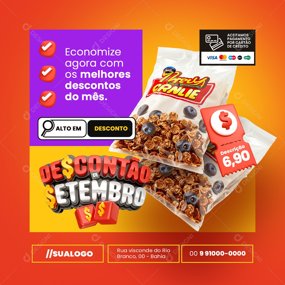 Descontão de Setembro Supermercado Cereais Social Media PSD Editável