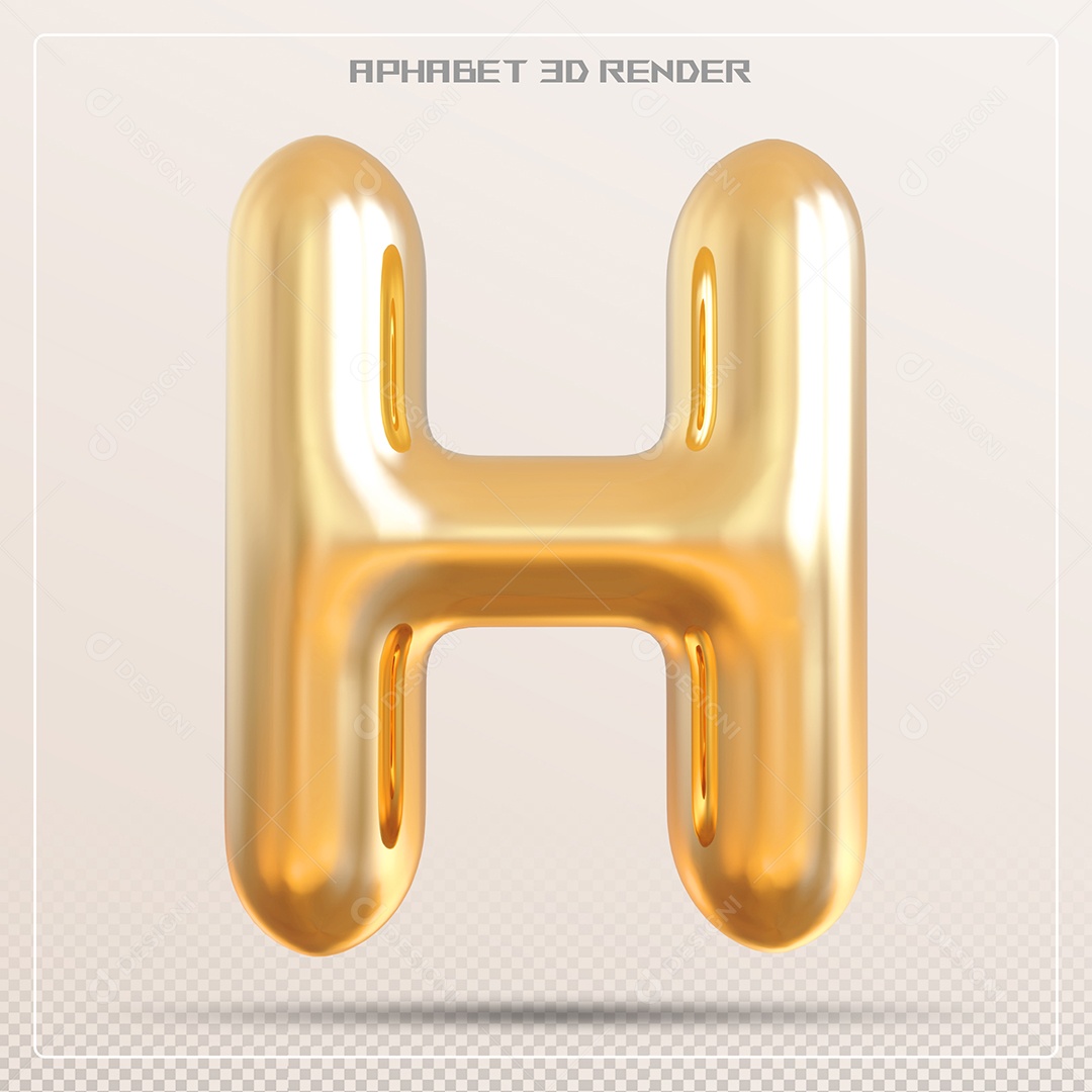 Letra H Maiúscula Elemento 3D Dourado para Composição PSD