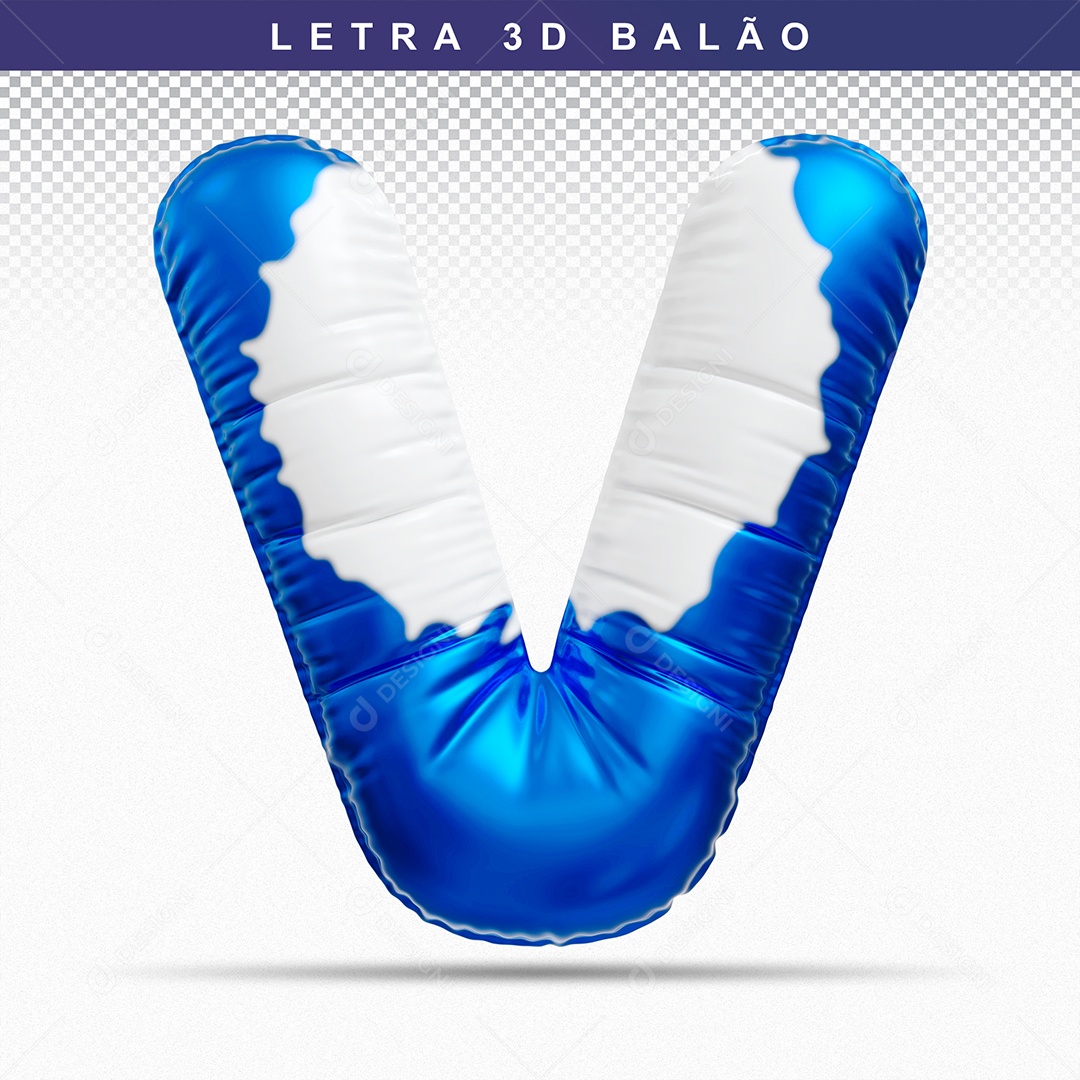 Balão de Letra V Maiúscula Elemento 3D Azul e Branco para Composição PSD