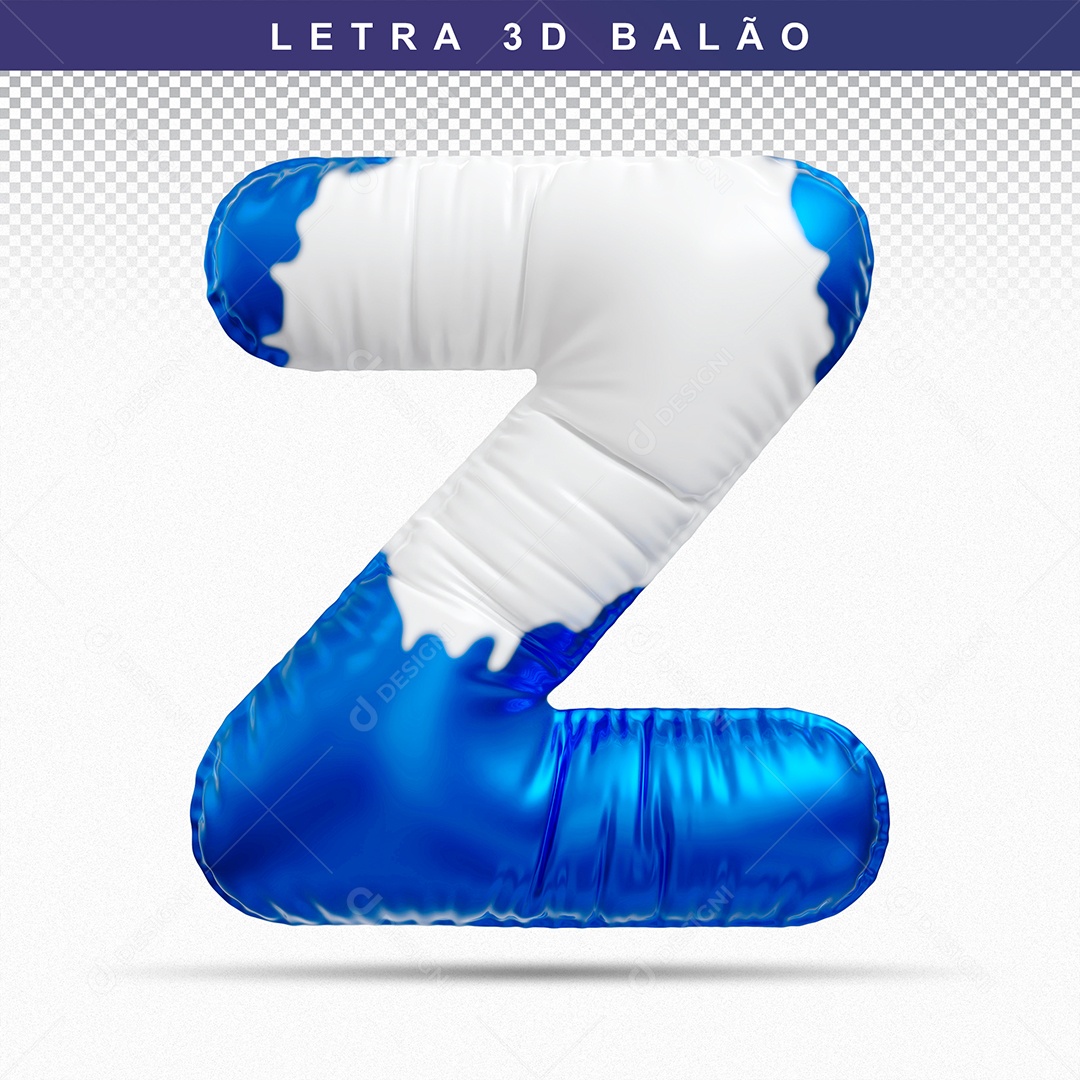 Balão de Letra Z Maiúscula Elemento 3D Azul e Branco para Composição PSD