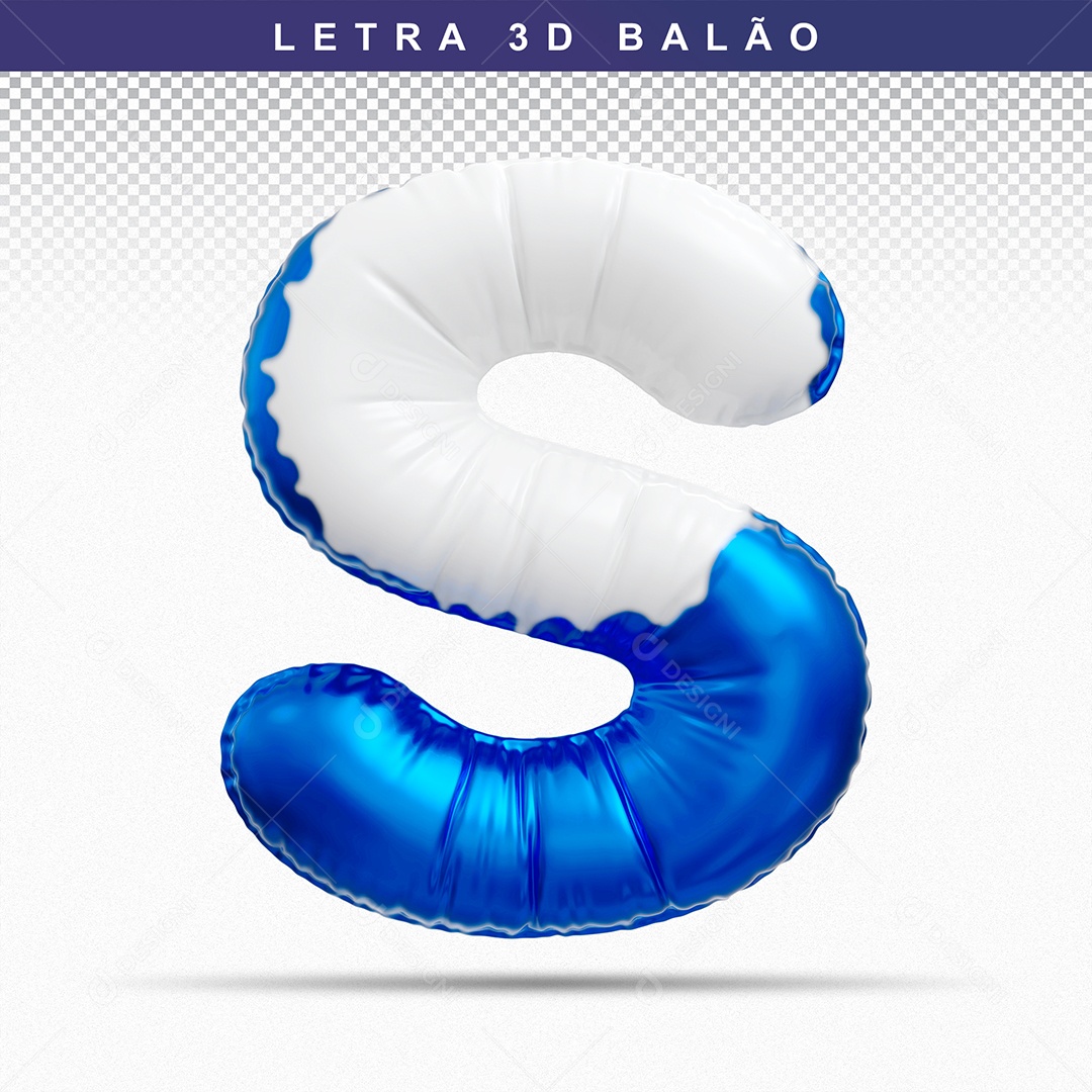 Balão de Letra S Maiúscula Elemento 3D Azul e Branco para Composição PSD