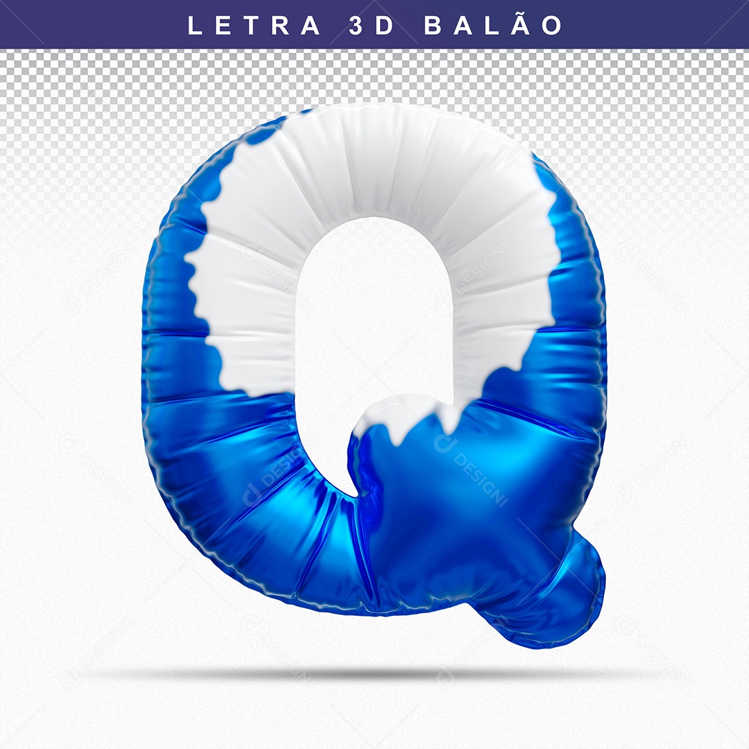 Balão de Letra Q Maiúscula Elemento 3D Azul e Branco para Composição PSD