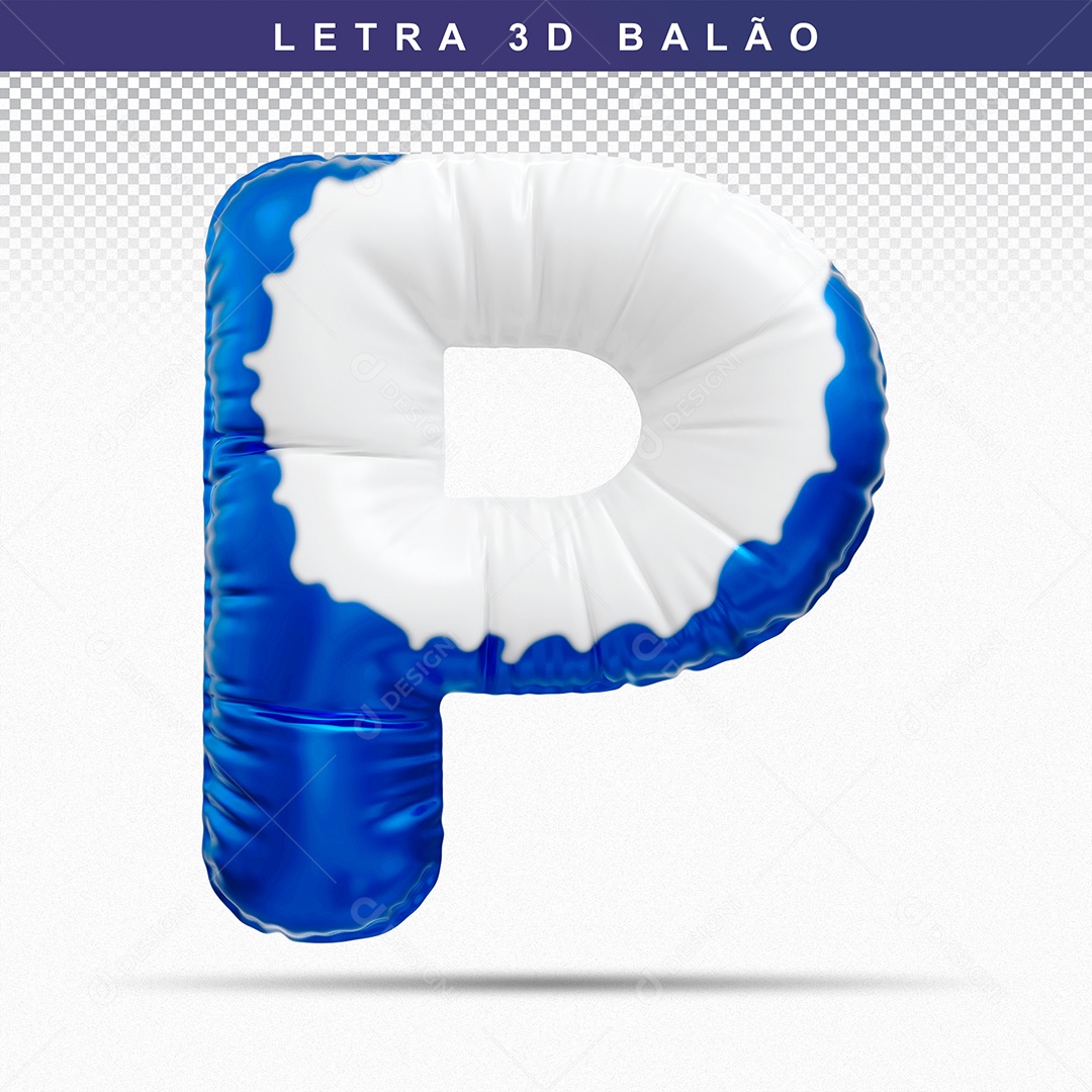 Balão de Letra P Maiúscula Elemento 3D Azul e Branco para Composição PSD