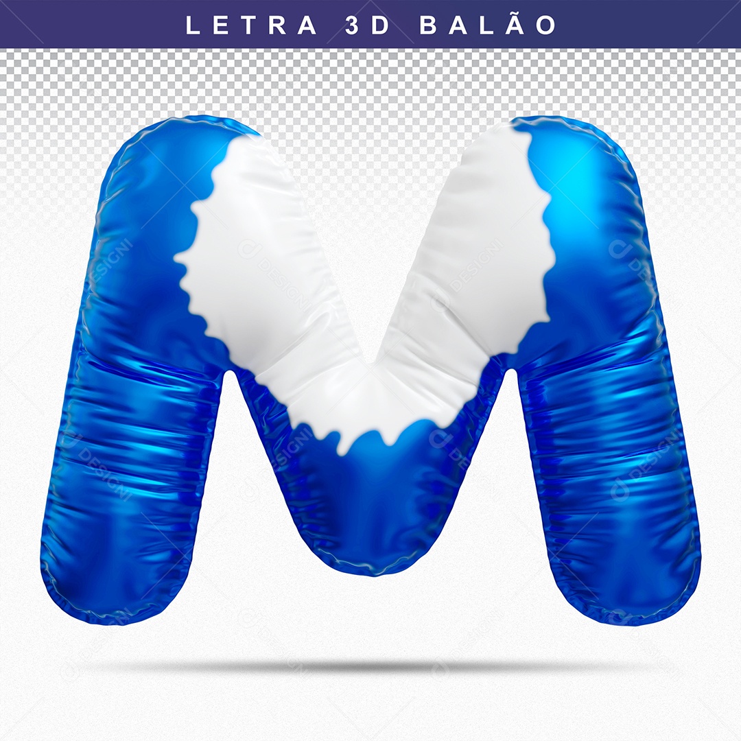 Balão de Letra M Maiúscula Elemento 3D Azul e Branco para Composição PSD